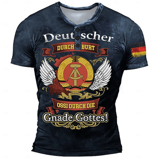 Men's Short Sleeve Graphic Henley T-Shirt, East German Ossi Heritage Design, featuring GDR Emblem and 'German by Birth, Ossi by Grace of God'3