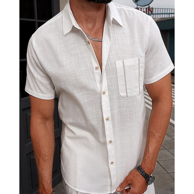  Per uomo Camicia Camicia di lino Camicia casual Camicia con Bottoni Camicia di cotone Semplice Vacanza Streetwear Bianco Manica Corta Collo ripiegato Estate Abbigliamento Tasca Frontale