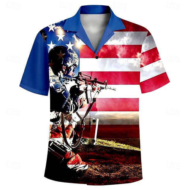 Men's American US Flag Soldier Patriotic Shirt Casual Shirt Cuban Collar Shirt Short Sleeve Army Militray Holiday Streetwear Summer Spring Camp Collar Shirt 3D Print Blue4