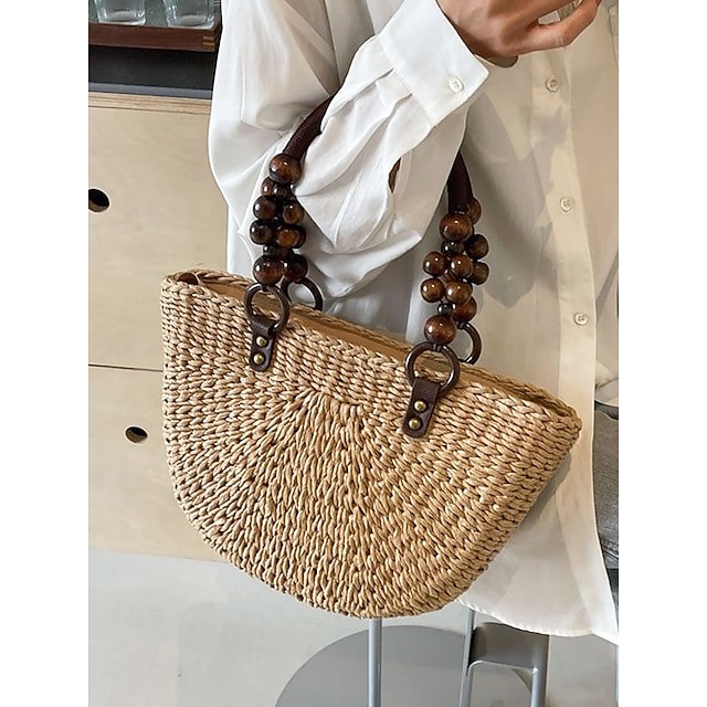  handgemaakte geweven stro tas voor dames - boho zomer strandtas met houten kralen handgrepen, casual schoudertas met grote capaciteit voor vakantie, winkelen en reizen