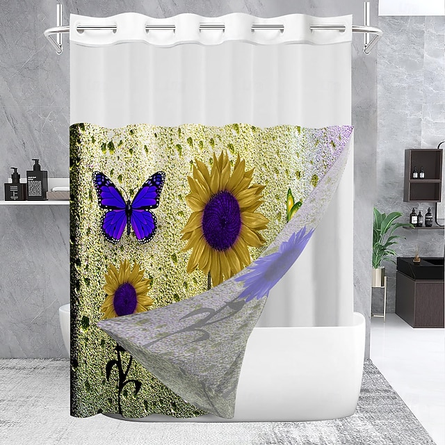  Jacquard Blumen Punkt Duschvorhang-Set mit Snap-in Liner und transparenter Fenster wasserabweisender Polyester ohne Haken Ösen-Top 120 GSM Doppel-Lagen Hotel Spa Badezimmertrennwand