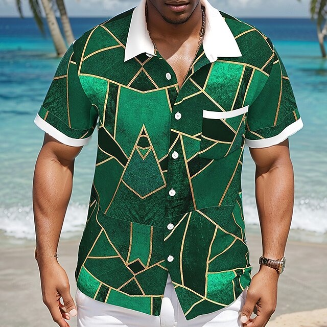 Men's Geometric Abstract Art Shirt Summer Shirt Button Up Shirt Short Sleeve Fashion Casual Vacation Sports Outdoor Beach Wear Summer Spring Turndown Collared Shirts Front One Pocket Green4