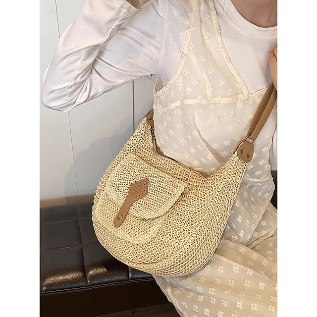  Sac à bandoulière en paille tissée à la main de grande capacité pour femme - Sac à bandoulière bohème avec poche avant, sac fourre-tout de plage d'été, sac fourre-tout de voyage décontracté pour les vacances, le shopping et l'utilisation quotidienne