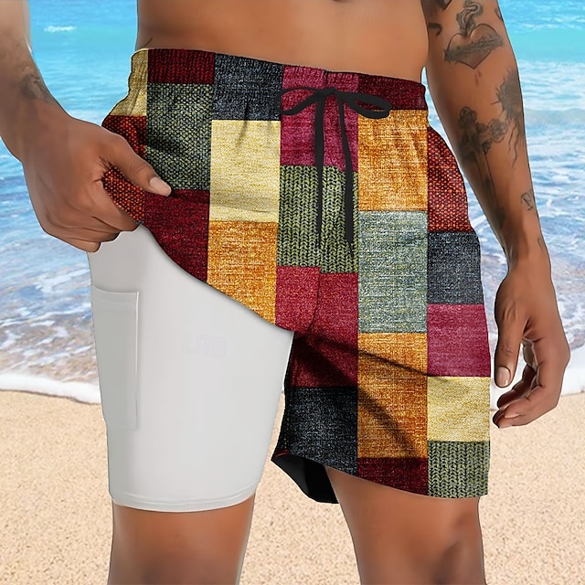  Men's Color Block Patchwork Lined Shorts 2 in 1 Board Shorts Swim Shorts Mid Waist Hawaiian Vacation Holiday Beach Wear Side Pockets With Compression Liner Elastic Drawstring Waist Designer Clothing