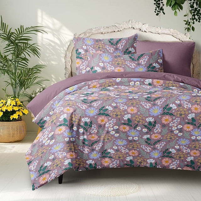  Housse de couette florale taille double ensemble de literie en coton ensembles de lit housse de couette douce légère avec 2 taies d'oreiller pour l'été le printemps violet violet