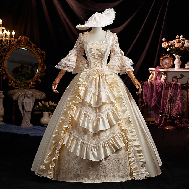  Vintage Rococó Renascentista Maxi Vestidos Normal Julieta Princesa Noiva Pregueado Com Babados Princesa Decote Redondo Fantasia Mulheres Dia Das Bruxas Carnaval Baile de Máscaras Espetáculo Festa dia