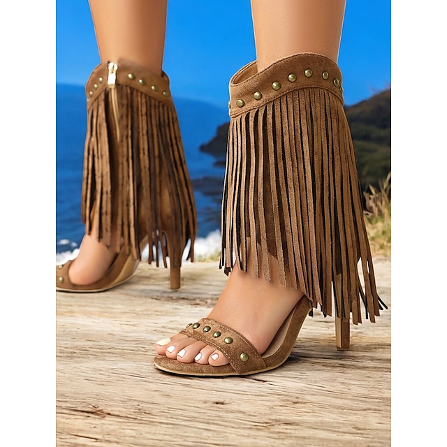  vestlige frynsersandaler for kvinner – brune bohemisk semsket sandaler med åpen tå og nakkedetaljer for cowgirl-stil, musikkfestivaler og sommerutflukter