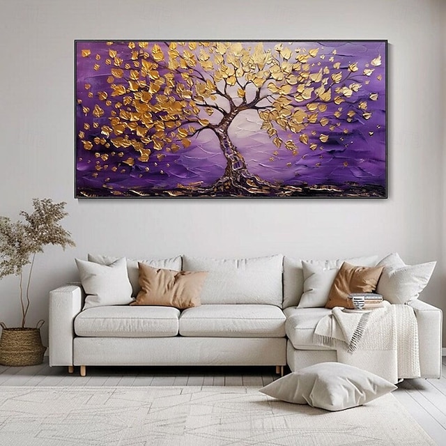  handgemaltes Ölgemälde mit Blattgoldbaum und lila Hintergrund, abstrakte strukturierte Goldbaumgemälde, Kunstwerke, Gemälde für Wohnzimmer, Wanddekoration, Studio, edles Dekor, Einweihungsgeschenk