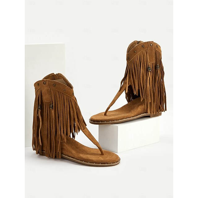  Sandales à franges marron style bohème pour femme : chaussures tendance et fluides pour les festivals de musique, les promenades sur la plage et les rassemblements décontractés en plein air