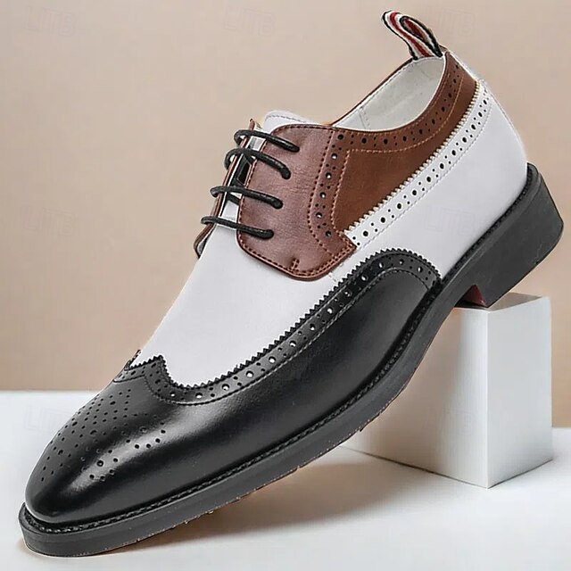  Chaussures richelieu à bout golf tricolores pour hommes en noir, blanc et marron, chaussures de spectateur en cuir d'inspiration Gatsby pour fêtes vintage, mariages et soirées formelles
