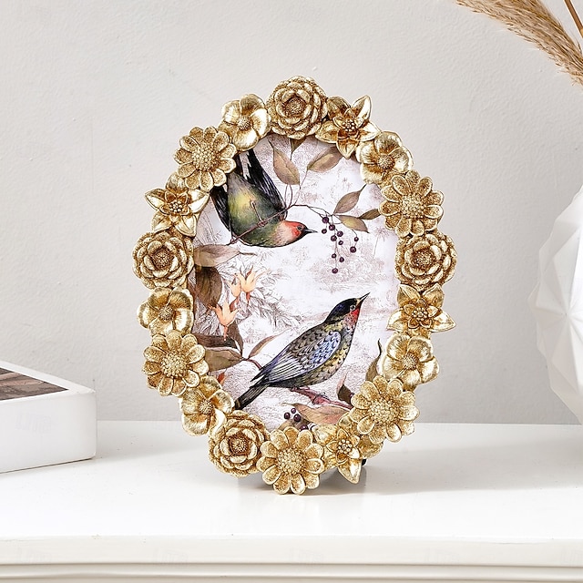  cadre photo décoratif floral 3D doré, cadre ovale de 5,7 pouces &Cadre rectangulaire 4x6 pouces, cadre photo de table en résine, affichage horizontal et vertical pour la décoration intérieure et les