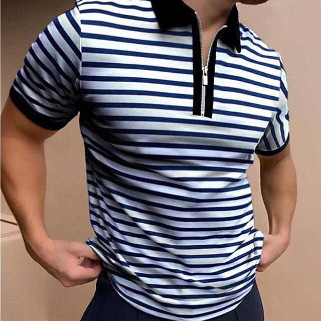 Men's Horizontal Stripes Zip Polo Rugby Polo Shirts Short Sleeve Turndown Casual Daily Outdoor Athleisure Casual Daily Zipper Summer Black-White4