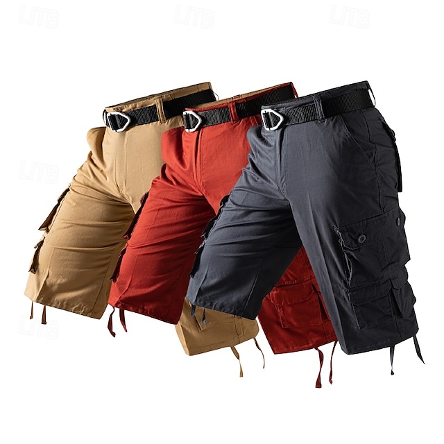  Men's Capri Cargo Shorts Cargo Shorts Capri Pants Shorts Summer Shorts Zipper Multiple Pockets Flap Pocket Plain Comfort Breathable Knee Length Outdoor Vacation Sporty Casual Red Khaki