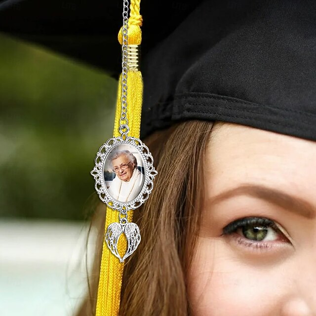 Personalized Graduation Tassel Charm With Angel Wings & Photo - Memorial Keepsake Gift