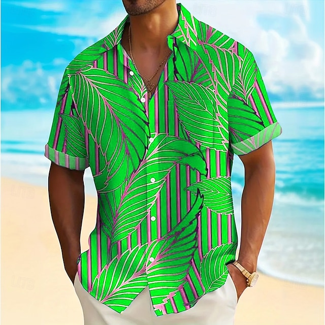  Hombre Hoja de palma Plantas tropicales camisa hawaiana Abotonar la camisa Manga Corta Hawaiano Complejo Vacaciones Festivos Ropa de playa Verano Primavera Cuello Vuelto camisas con cuello Un
