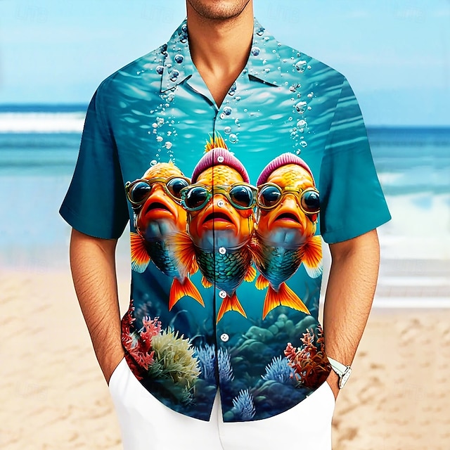  Herren Ozean Fisch Meeresbewohner Hemd Kuba-Kragen-Hemd Sommer Hawaiihemd Kurzarm Hawaiianisch Urlaub Ferien Strandbekleidung Sommer Frühling Hemd mit Camp-Kragen 3D-Druck Blau