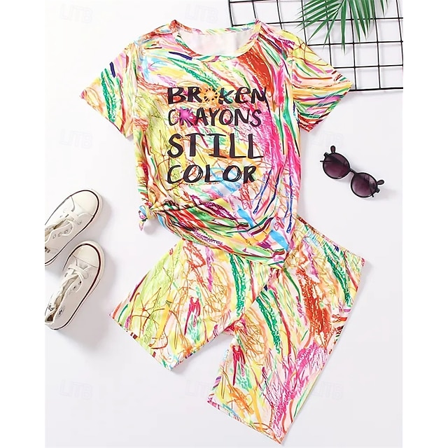  Jente 3D Grafisk Bokstaver T-skjorter og shorts Sett Kortermet Sommer Vår Sport Mote Daglig Barn 4-12 år Crew-hals utendørs Feriereise Sport Skreddersydd