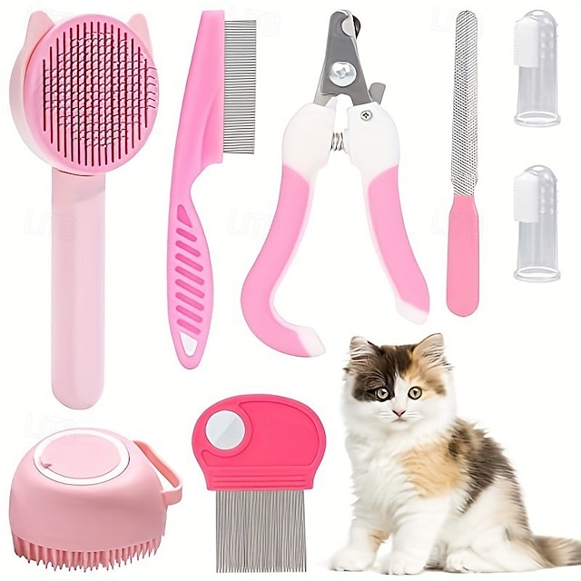  7pcs/set Cat And Dog Brush Grooming Set Pet Self Cleaning Brush With Pet Nail Clipper And File Flea Dog Comb Pet Bath Brush Pet Finger Toothbrush