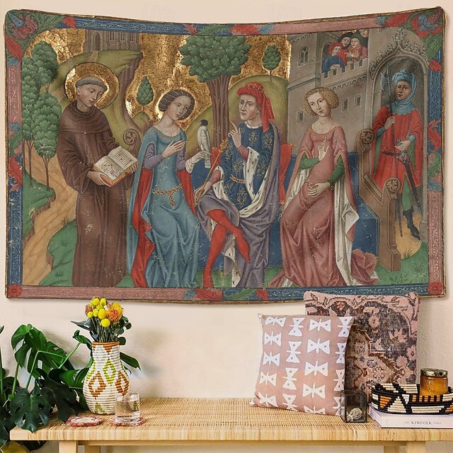 Medieval Tapestry Middle Age Tapestry Gothic Art Large Tapestry Mural Decor Backdrop Curtain Home Bedroom Living Room Decoration Seated Ruler with Two Women and A Saint4