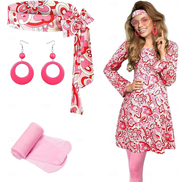  Rétro Vintage Années 1960 Années 1970 Costume de cosplay Tenues Ensemble d'accessoires Hippie Femmes Carnaval Mascarade Performance Soirée Défilé de la Fierté Adulte Robe Boucles d'oreilles Bandeau
