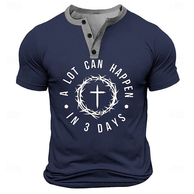  Men's Easter Jesus A LOT CAN HAPPEN IN 3 DAYS T Shirt Henley Shirt Short Sleeve Designer Retro Vintage Street Casual Daily Summer Spring Army Green Black Navy Blue Henley Henley T-Shirt