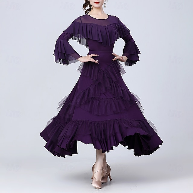  Latinamerikansk dans Kjolar Ren Färg Tvinning Tyll Dam Prestanda Träning Långärmad Hög Polyester