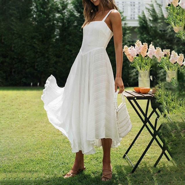  Per donna Abito Midi Abito Bianco Abito da laurea Abito Sottoveste Moda Compleanno Ferie Data Vestibilità regolare Semplice Senza Maniche Spalline sottili Bianco Estate