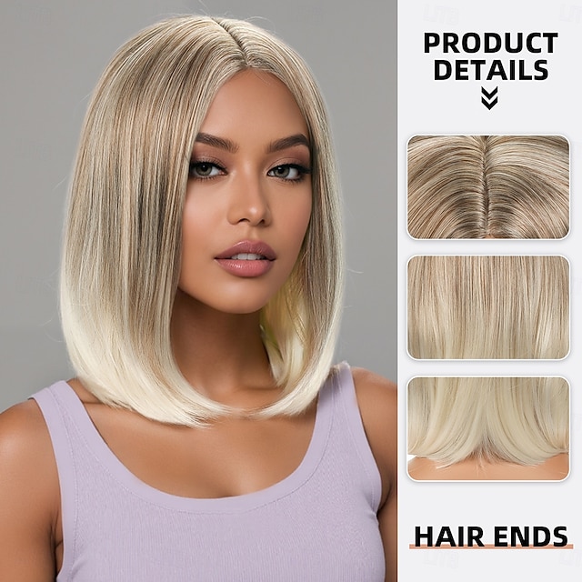  Perucas sintéticas Liso Reta natural Parte do meio Com Franjas Fabrico à Máquina Peruca 14 polegadas A1 Cabelo Sintético Mulheres Repartida ao Meio Clássico Confortável Loiro