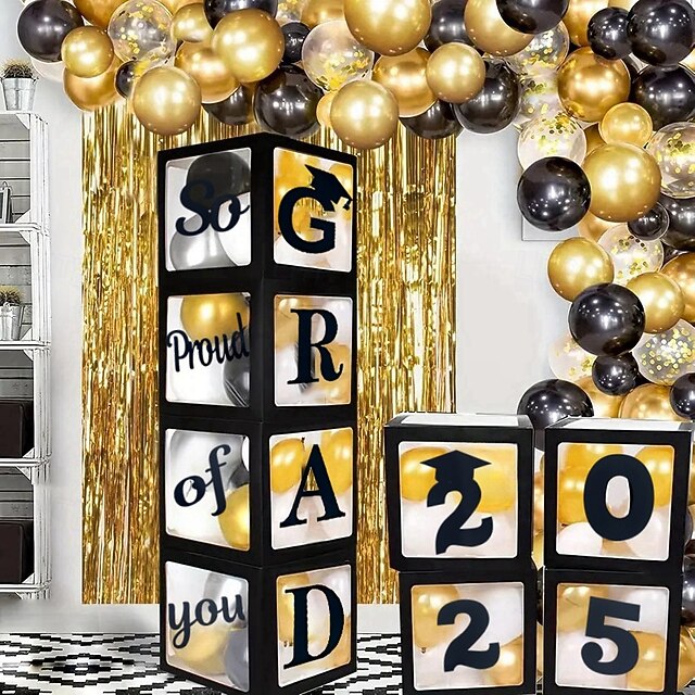 Déco Graduation Classe 2024 2025 - 4 Boîtes à Ballons Noires Félicitations Avec L