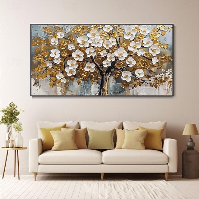  3D strukturiertes Goldölgemälde, handgemalte Wandkunst, Goldfoliengemälde, Bäume, Kunstgemälde, handgemachtes goldweißes blühendes Turmbaumgemälde auf Leinwand für Wohnzimmerkunst, Naturmalerei,