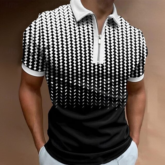 Men's Geometic Zip Polo Short Sleeve Turndown Casual Daily Outdoor Athleisure Casual Daily Zipper Summer Black4