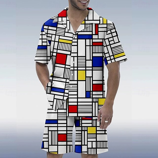  Men's Color block stitching 2pcs Shirts Sets Shirt Short Sleeve Short Pants Cuban Collar Vacation Casual Daily Party Casual Daily 3D Print Summer Rainbow