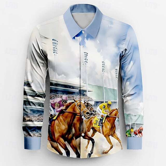 Kentucky Derby Men's Horse Racing Shirt Button Up Shirt Long Sleeve Vintage Retro Holiday Festival Summer Spring Turndown 3D Print Funny Kentucky Derby Shirts Light Blue4