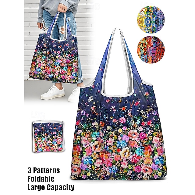  Large Capacity Foldable Shopping Bag – Reusable Floral Print Tote, Eco-Friendly Lightweight Grocery Bag for Women, Travel, and Daily Use