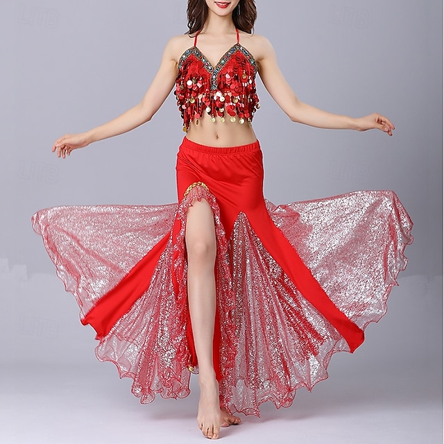  Belly Dance Skirts Gold Coin Pure Color Splicing Women's Performance Training Sleeveless High Polyester