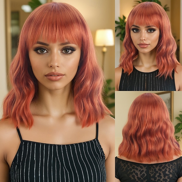  Pelucas sintéticas Ondulado Tejido rizado Corte asimétrico Flequillo recto Hecho a Máquina Peluca 14 pulgadas A1 Pelo sintético Mujer Clásico Cómodo Gradiente de Color Naranja