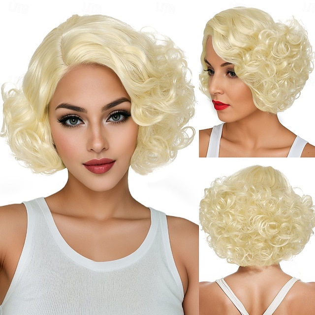  Parrucca sintetica riccia ondulata asimmetrica frangia in ordine parrucca realizzata a macchina 12 pollici capelli sintetici A1 classica confortevole gradienti di colore biondo parrucche di Halloween