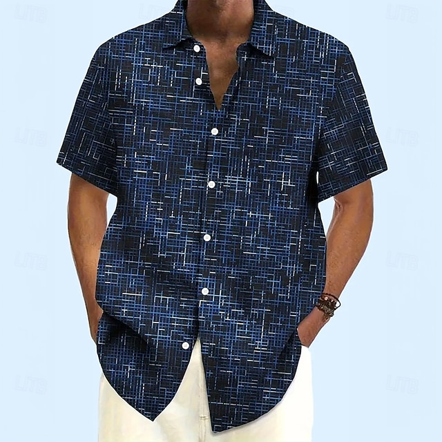  Men's Geometric Grid / Plaid Shirt Casual Shirt Button Up Shirt Short Sleeve Fashion Casual Vacation Dailywear Summer Spring Turndown 3D Print Collared Shirts Dark Blue