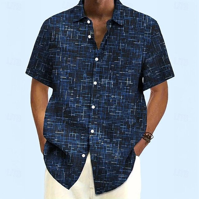 Men's Geometric Grid / Plaid Shirt Casual Shirt Button Up Shirt Short Sleeve Fashion Casual Vacation Dailywear Summer Spring Turndown 3D Print Collared Shirts Dark Blue4