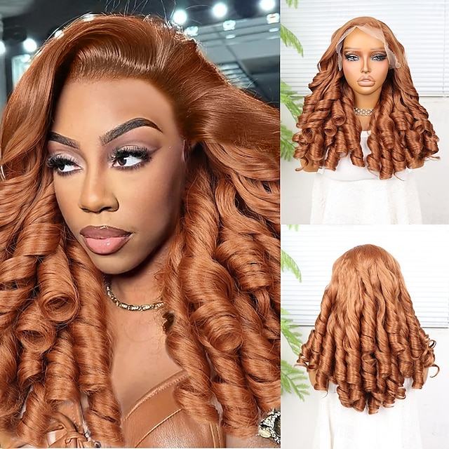  Syntetická krajková paruka Kudrny Styl 18 inch Oranžová Střední část 13x4 krajka vpředu Paruka Dámské Paruka Oranžová / bílá / modrá