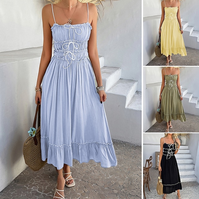  Femme Robe mi-longue robe blanche Robe casual Robe d'été Robe à enfiler Mode Moderne du quotidien Plage Fin de semaine Standard Plein Sans Manches Bretelles Fines Noir Jaune Bleu Vert Eté