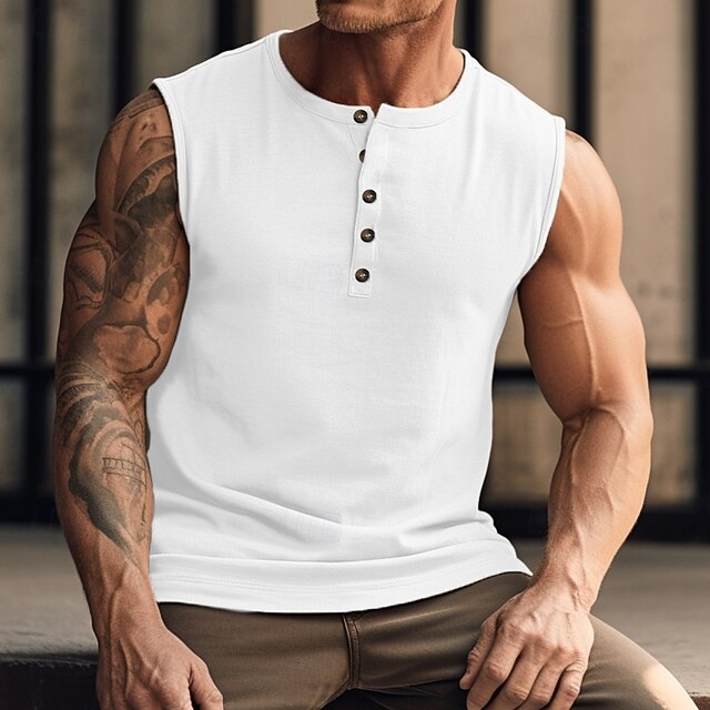 Men's Tank Top Vest Top Undershirt Sleeveless Shirt Sleeveless Henley Summer Plain Fashion Muscle Outdoor Going out Gym Black White Khaki Top Tee for Men 10