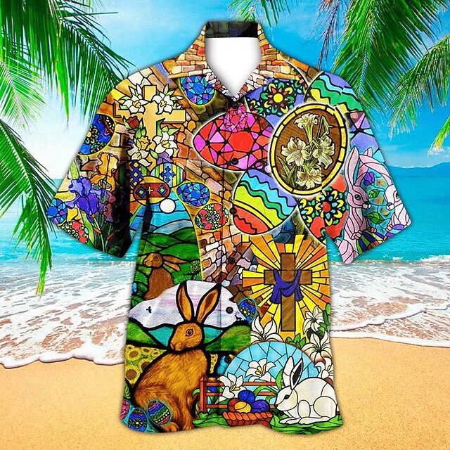  Easter Men's Bunny Templar Cross Cathedral Glass Shirt Cuban Collar Shirt Button Up Shirt Short Sleeve Vintage Retro Vacation Holiday Festival Summer Spring Camp Collar Shirt 3D Print Blue