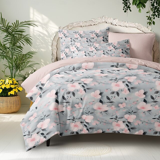  Conjunto de Capa de Duvet Floral Plantas Tamanho Completo Conjunto de Cama Capa de Colcha Macia Leve Cobertor com 2 Capas de Almofadas para Verão Primavera