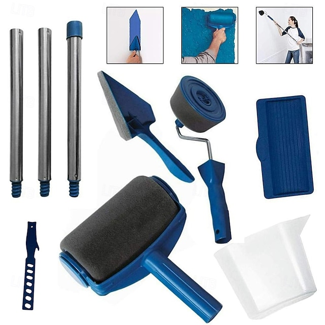  ferramenta de pintura com cabo de pincel de rolo de pintura, ferramenta de cabo de pintura de parede com pincel de corredor de pintura, pincel de impressão de parede, 3 hastes de extensão, bandeja de pincel de impressão, espaço de aparador flocado com cab