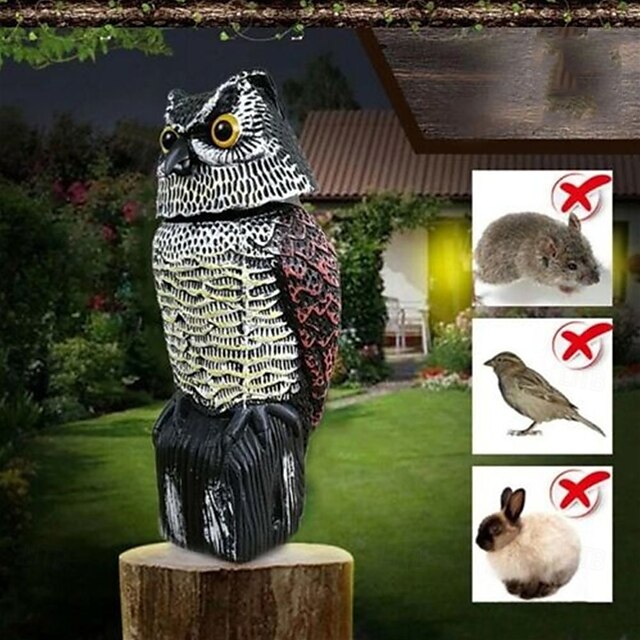  Leurre de hibou artificiel réaliste avec tête tremblante pour jardin, cour, extérieur, dissuasion des oiseaux, rotation à 360°, aucune alimentation requise, sculpture antiparasitaire