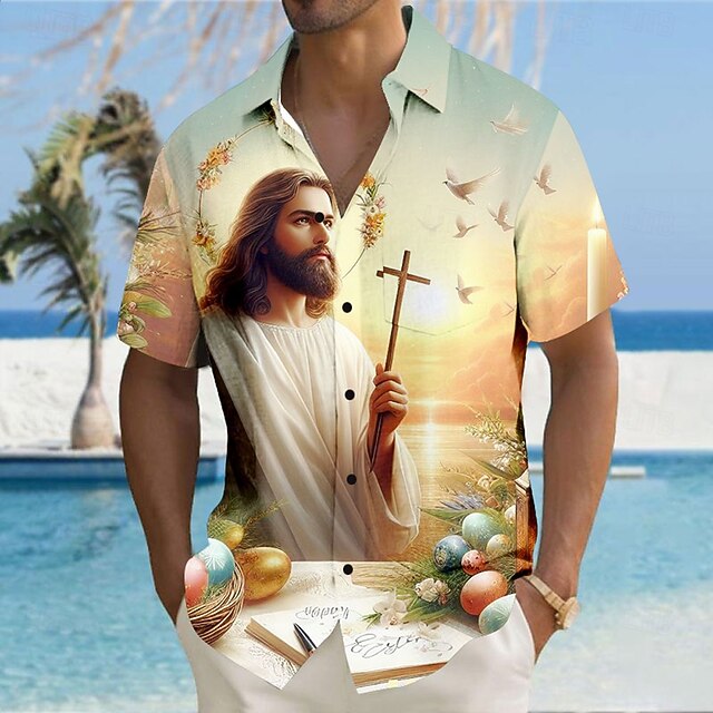 Easter Men's Templar Cross Jesus Pigeons Shirt Casual Shirt Button Up Shirt Short Sleeve Vintage Retro Holiday Festival Summer Turndown 3D Print Collared Shirts Front One Pocket Light Green4