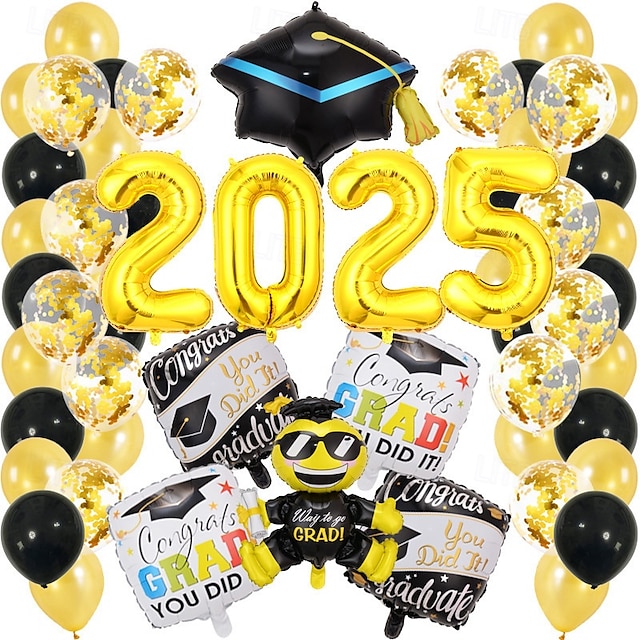  Juego de decoración con globos para fiesta de graduación 2025, configuración para fiesta y ceremonia temática de graduación, globos con gorro de graduación de dibujos animados, decoración de escena