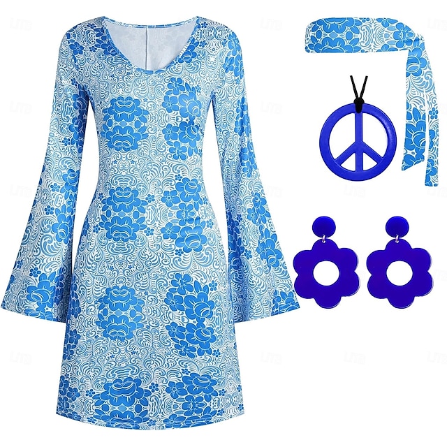  Retro Vintage Anos 60 Anos 70 Traje Cosplay Roupa Conjunto de acessórios Hippie Mulheres Carnaval Baile de Máscaras Espetáculo Festa Parada do Orgulho Adulto 1 Colar Blusa Brincos
