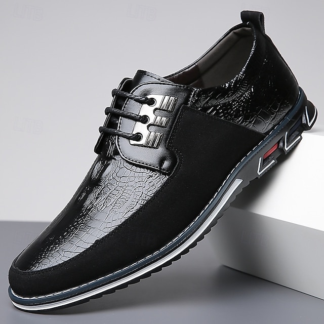  scarpe derby stringate da uomo in pelle con stampa coccodrillo e pelle scamosciata nera, suola sportiva ed elegante per abbigliamento casual e business casual